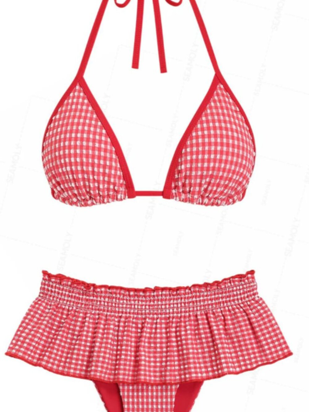 Seamolly Gingham Contrast Binding Smocked Ruffles Skirtini Bikini Set - RED
